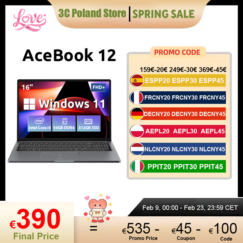 Blackview AceBook 12 laptop 16'' FHD IPS, Intel I5-1030NG7 Win 11 notebook, 16 GB RAM 512 GB SSD, 2-in-1 vingerafdruk-aan/uit-knop