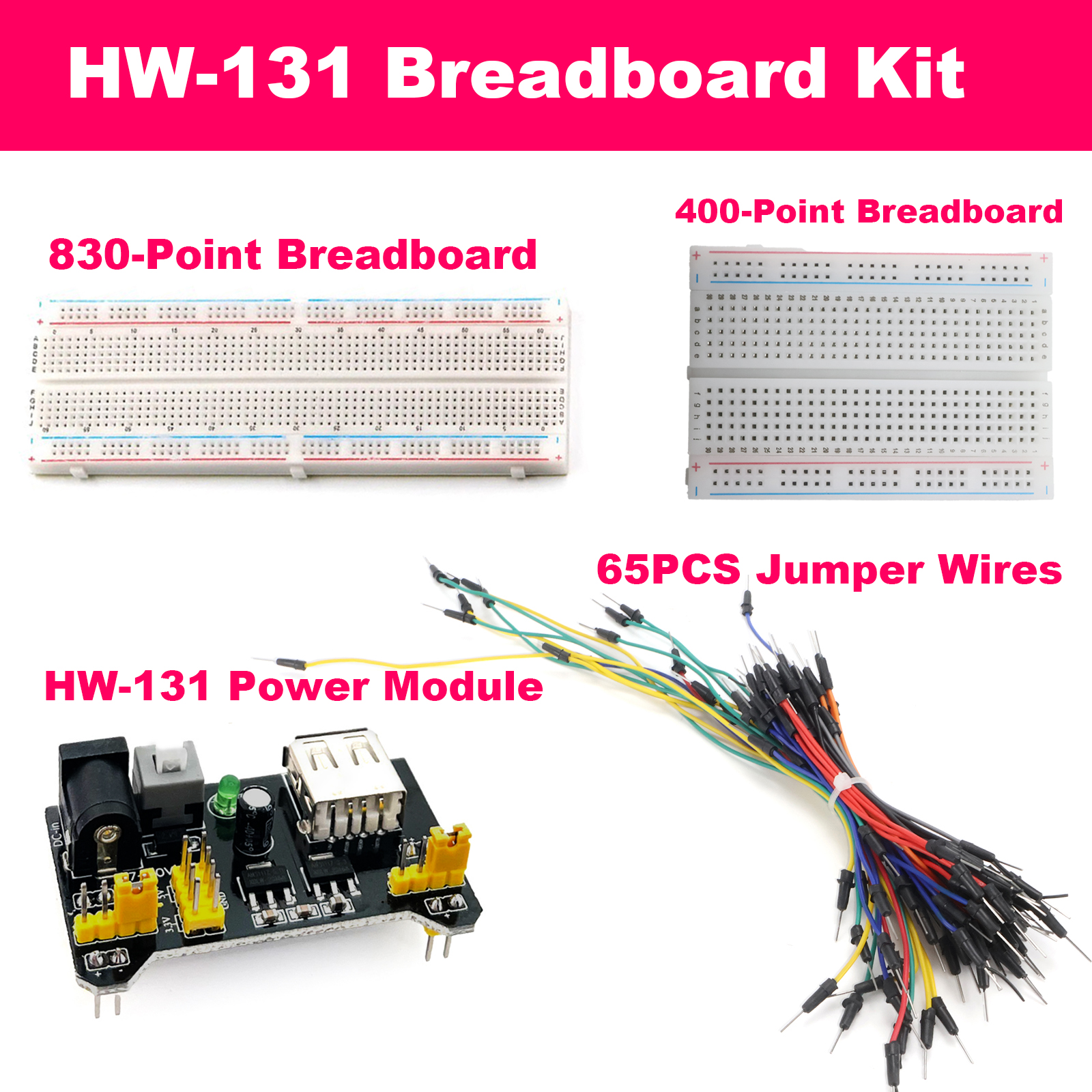 ชุดบอร์ดทดลองแบบไม่ต้องบัดกรี 830 จุด 400 จุด MB-102 HW-131 โมดูลจ่ายไฟ 3.3V 5V ชุดสายจัมเปอร์ 65 ชิ้น สำหรับ Arduino Raspberry Pi