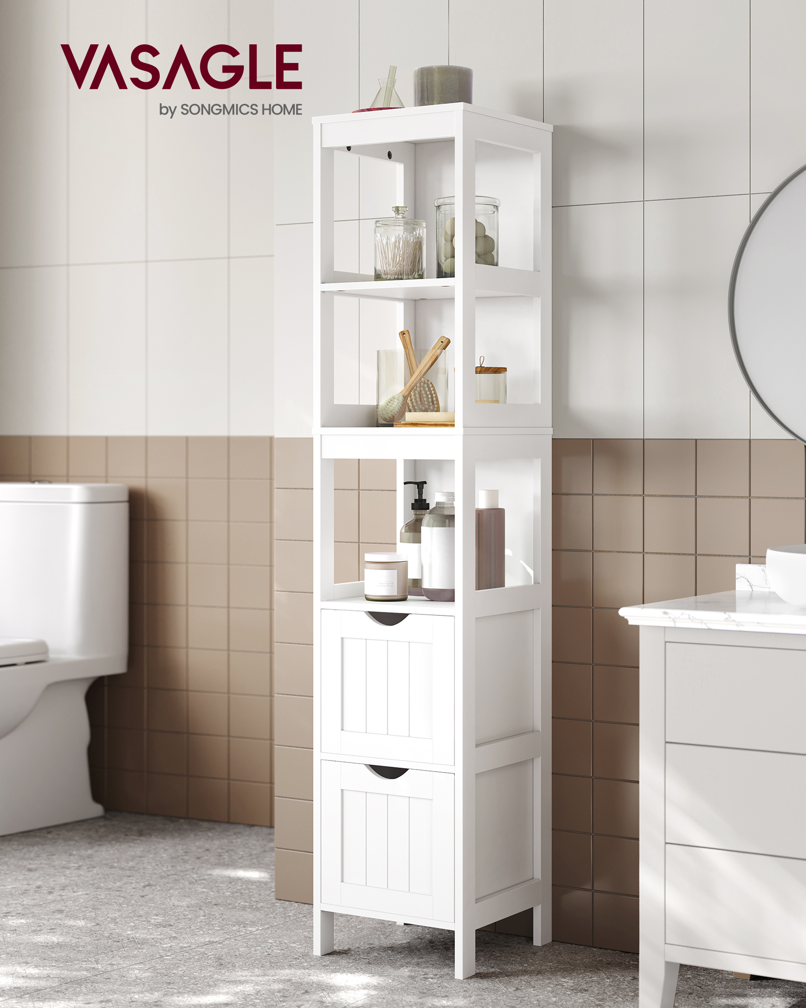 VASAGLE kabinet penyimpanan kamar mandi, lemari penyimpanan kamar mandi kabinet tinggi dengan kaki kolom ramping dengan 2 laci dan 3 kompartemen terbuka 30x30x141.5 cm