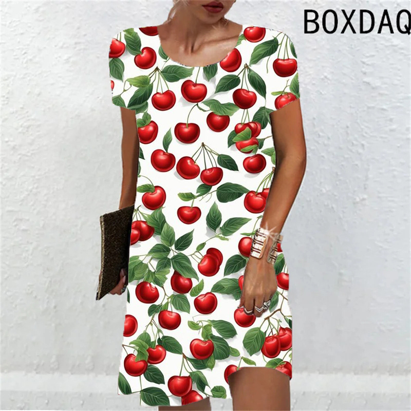 Elegancka sukienka damska z nadrukiem słodkich owoców 2024 Nowe letnie sukienki Luźna swobodna sukienka z krótkim rękawem O-Neck 3D Print Woman Dress Vestidos