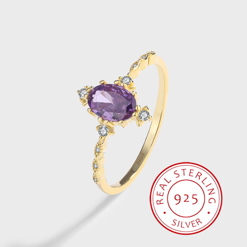 Elegante e autêntico anel de ouro 14k, estilo princesa retrô, lavanda sonhadora, ametista, requintado e versátil, prata S925