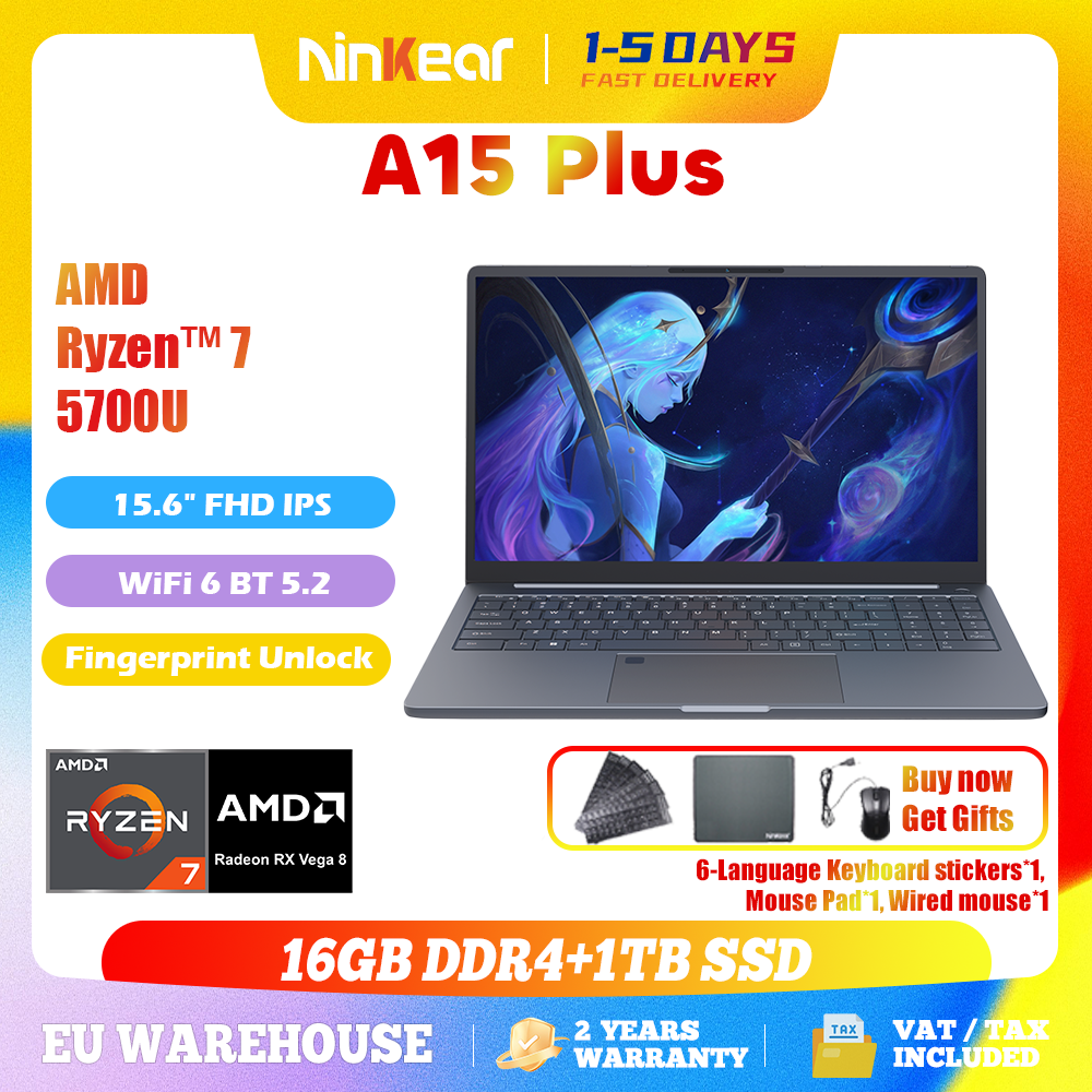 Laptop gamingowy Ninkear A15 Plus 2026 z procesorem AMD Ryzen ™   7 5700U 15.6' FHD IPS 16GB DDR4 + 1TB SSD Podświetlana klawiatura, odcisk palca, odblokowywanie