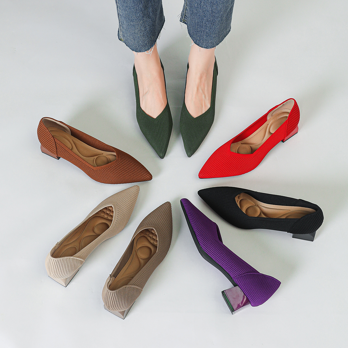 2025 New Women's High Heels Large 42/43 Fashion Pointed Anti slip Rubber Bottom Knitted Breathable Shoes
