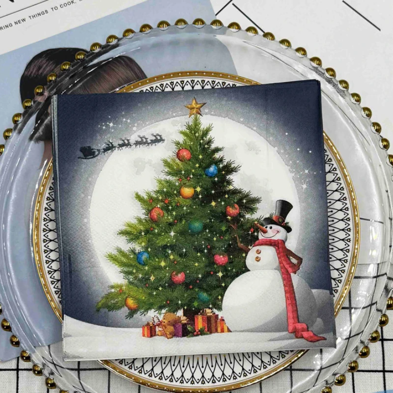 Mantel Individual de papel con estampado de muñeco de nieve para árbol de Navidad, decoración para fiesta de Navidad, elemento navideño, copa de vino, flor, 10/20p