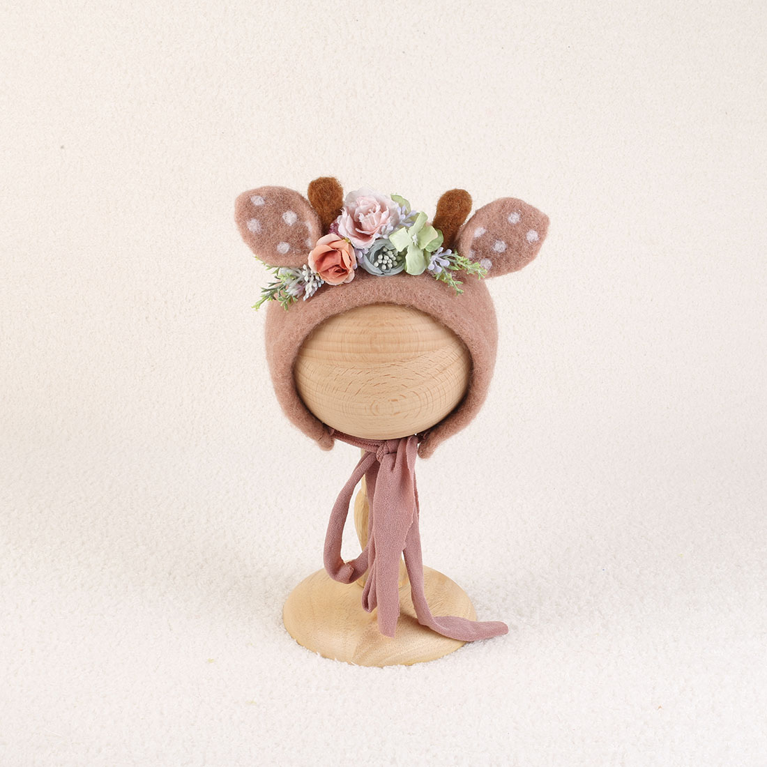 Gorro de ciervo de fieltro de lana para recién nacido, sombrero de flores para niña, accesorios de fotografía recién nacido, sombrero de Reno para bebé, sesión de fotos
