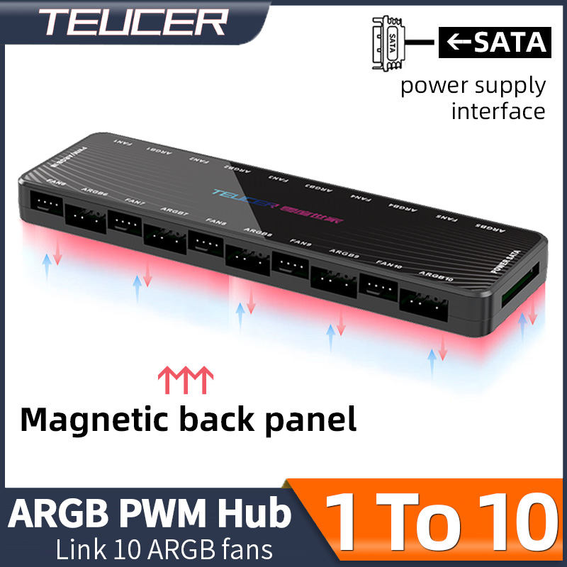 Teucer Adaptador Concentrador ARGB Direccionable de 1 a 10 Puertos, 12V/4 Pines PWM, 5V/3 Pines, con Interfaz de Alimentación SATA para Ventiladores de Caja