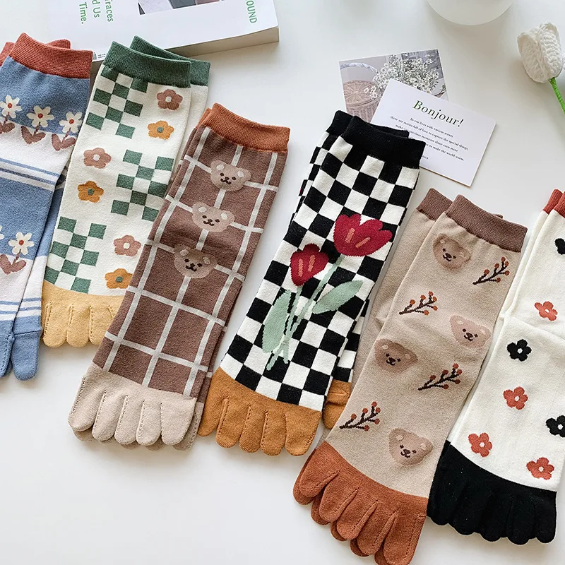 Calzini a cinque dita in puro cotone autunno e inverno da donna Calzini con punta divisa stampati Calzini comodi vintage