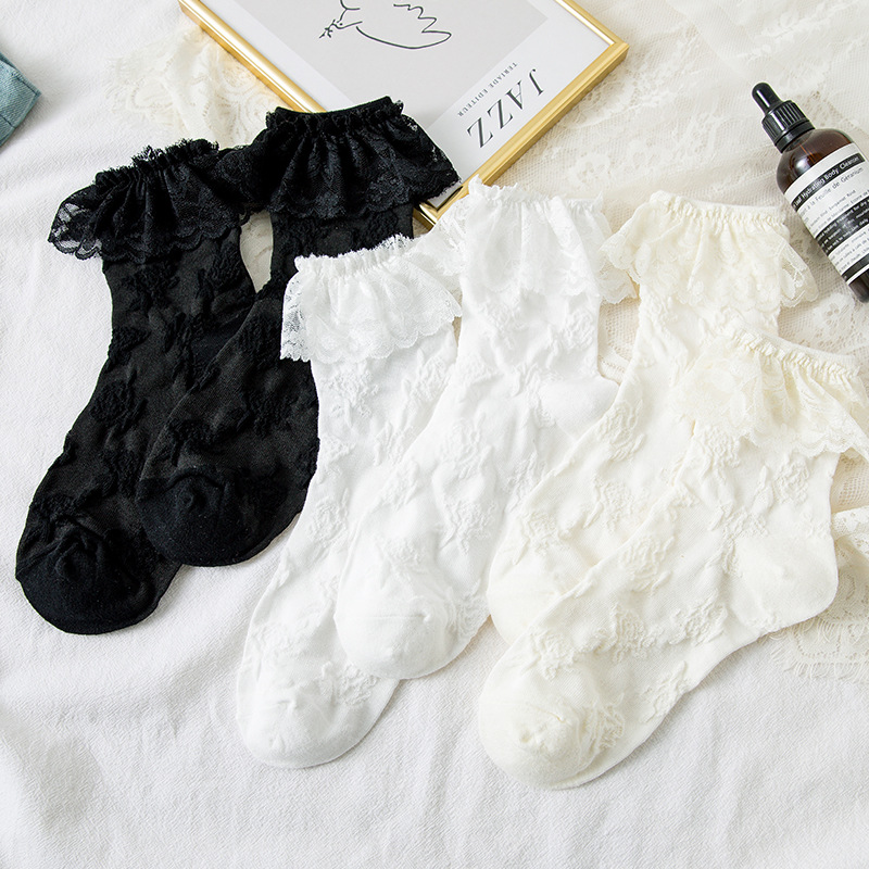 Người Phụ Nữ Tất Lolita Phong Cách Đen Trắng Xù Tất Lưới Ren Mỏng Ngọt Bé Gái Thời Trang Nhật Bản Lolita Dễ Thương Tất Calcetin Medias