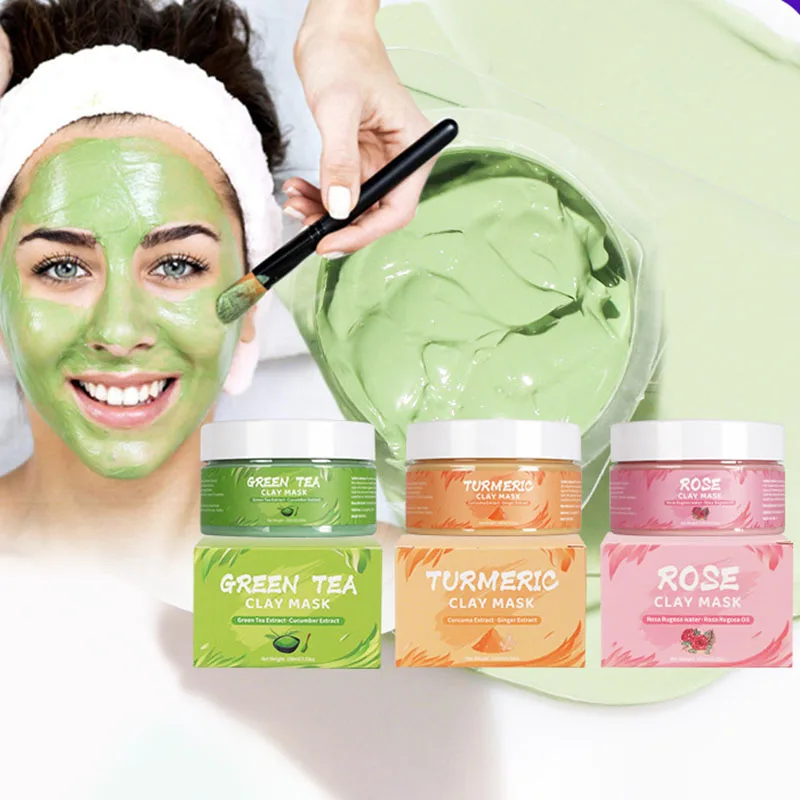 Masque Facial au curcuma, thé vert, Rose, avocat, masques de boue d'argile, élimination hydratante, blanchiment des points noirs, soins pour la peau