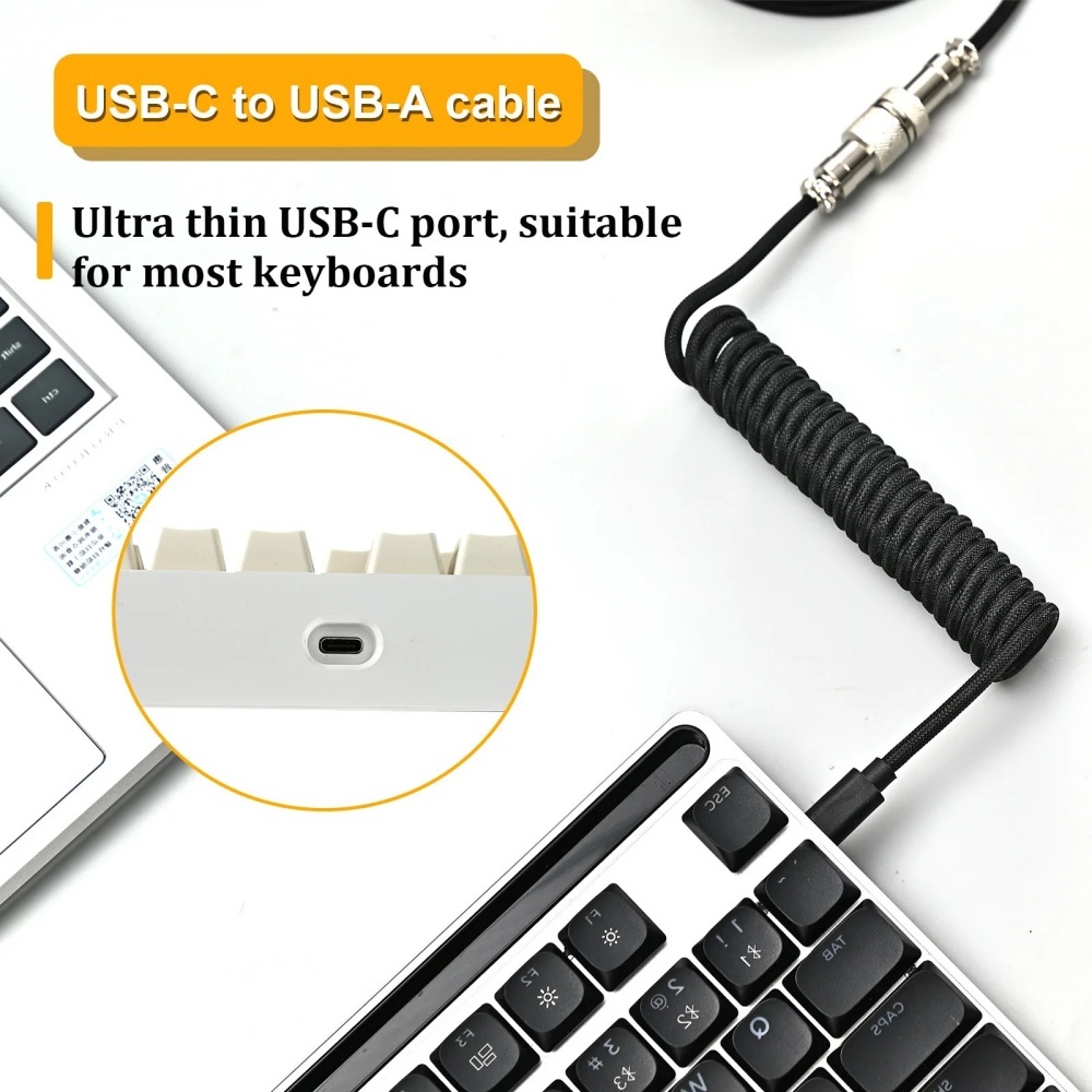 Cabo espiralado para teclado mecânico, cabo usb tipo c, conector aviador, cabo de mola para teclado mecânico portátil, cabo de carregamento de dados