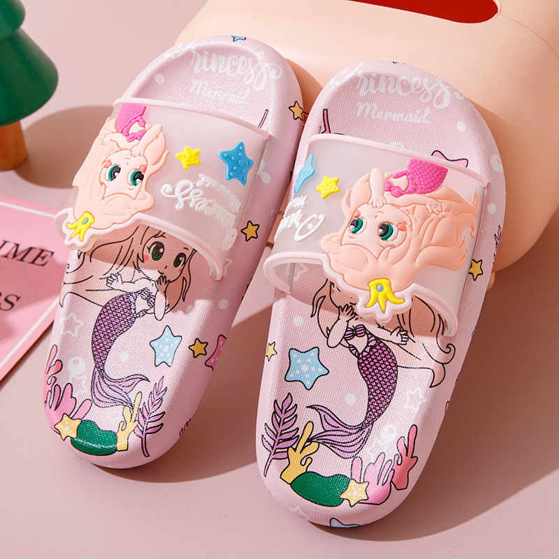 Girls Mermaid Slippers Soft Bottom Non-slip Home Indoor Sandals Slippers Middle and Big Children Cute Princess Bathroom Slippers