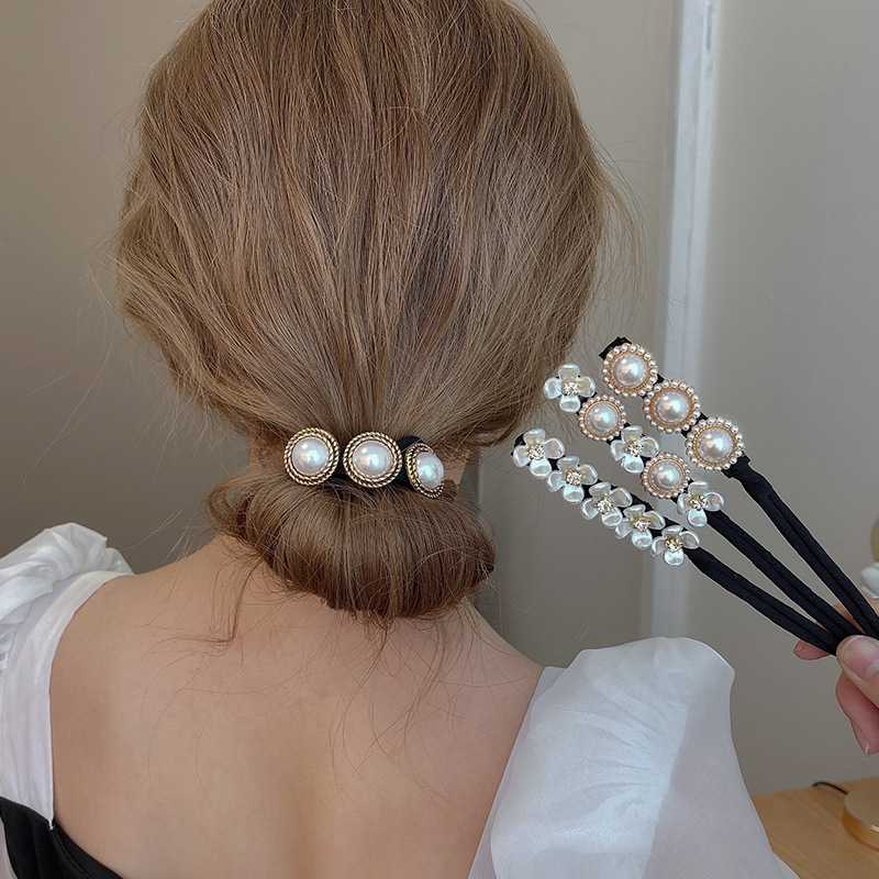 Kobieta elegancka perła przyrząd do koka z włosów ekspres narzędzie dziewczyna kwiat Pontail zespół fryzura pączek akcesoria do włosów Braider Twist nakrycia głowy łuk