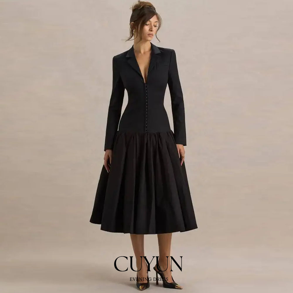 CUYUN Women Black Party Dresses Suit Jacket Dresses Notch Lapel Long Sleeves Tea-Length Prom Gown Customized Office Lady Wear