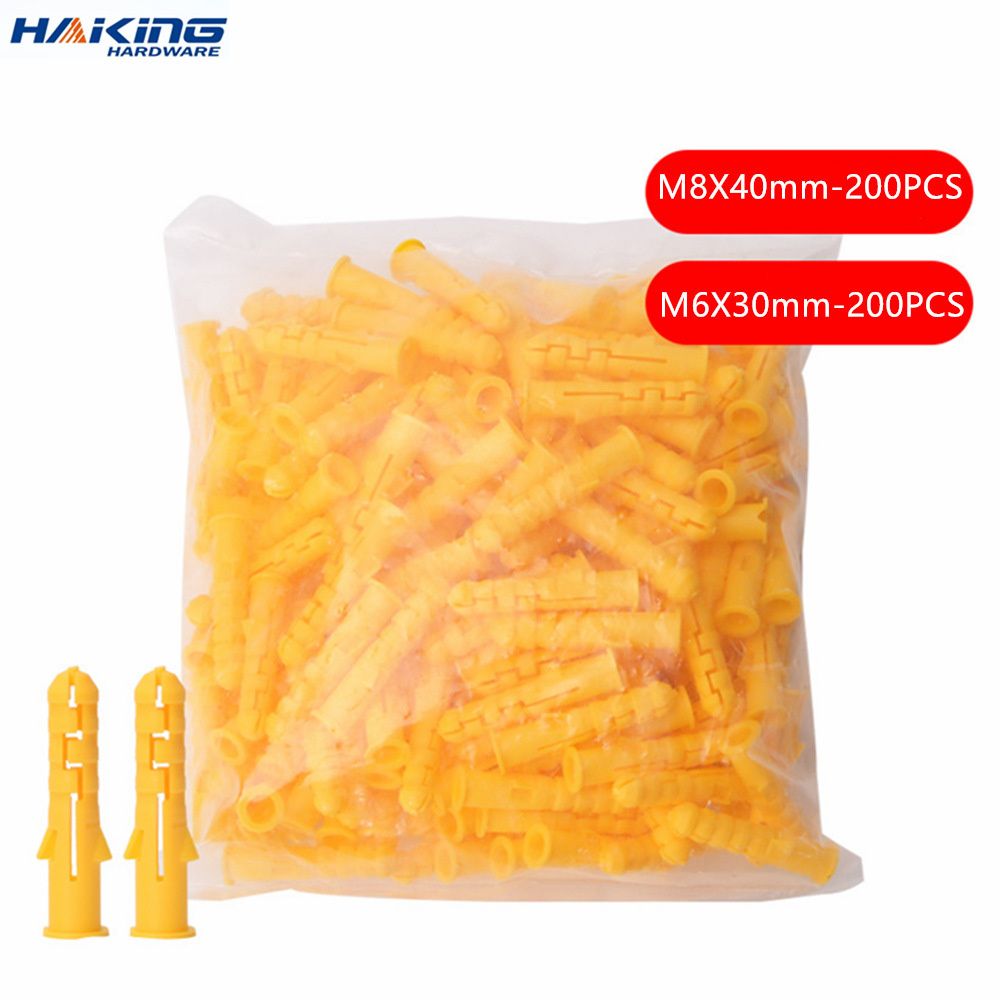 200 stks Plastic expansieleiding M6 * 30mm M8 * 40mm rubberen plug plastic pijp nylon kolom expansie schroef anker plug pluggen