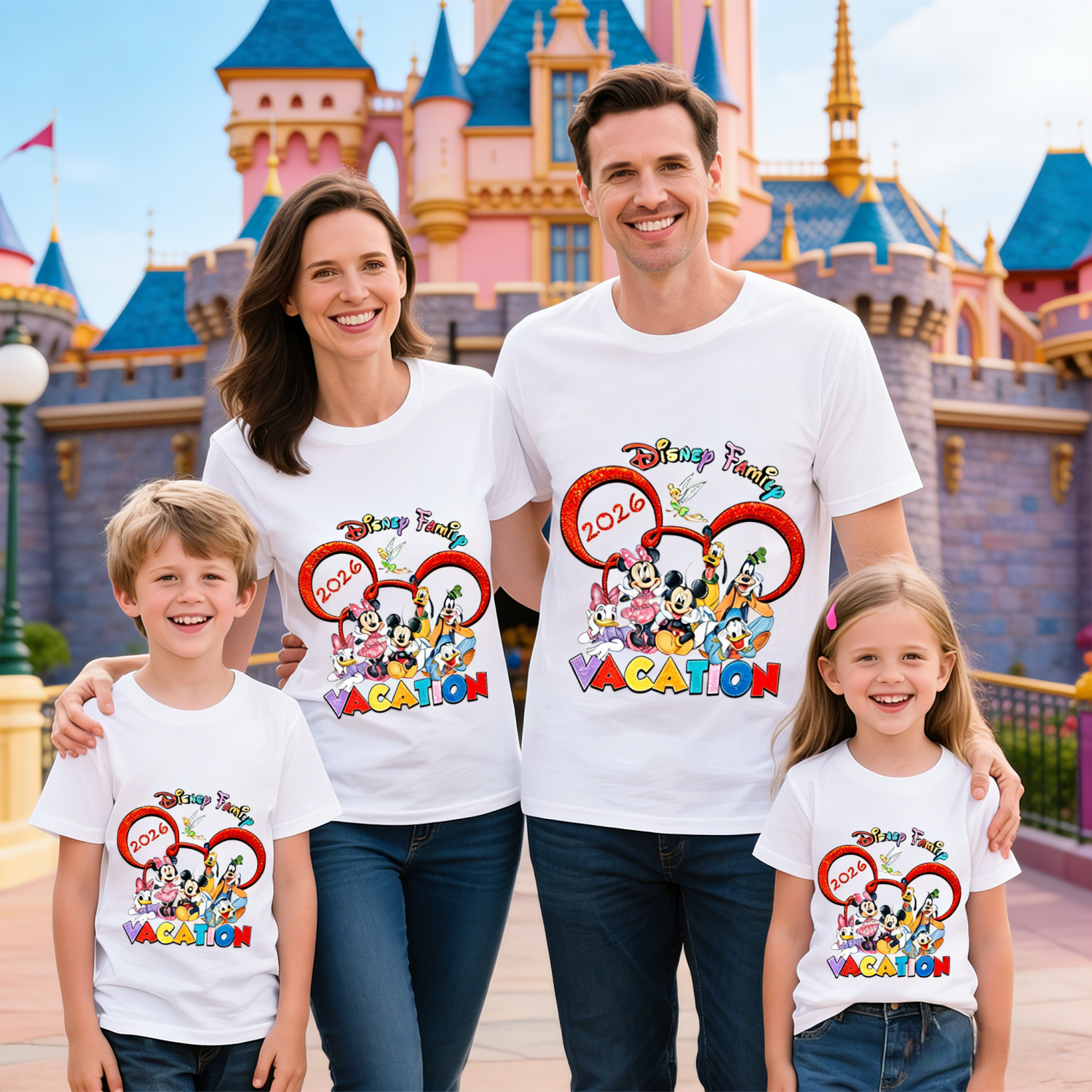 Camiseta Gráfica de Verão 2026 Disney para Família (Pais e Filhos) - Moda Adulto e Infantil em Algodão, Manga Curta, Solta e Casual
