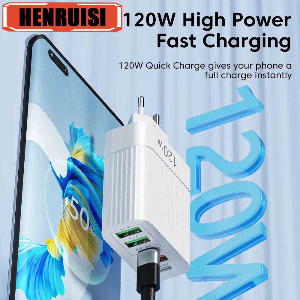 Carregador de parede de carregamento rápido, 5 portas, QC 3.0, PD, carregamento rápido para iPhone 15, 14, Samsung, Huawei, Xiaomi, telefone móvel, UE, EUA Plug