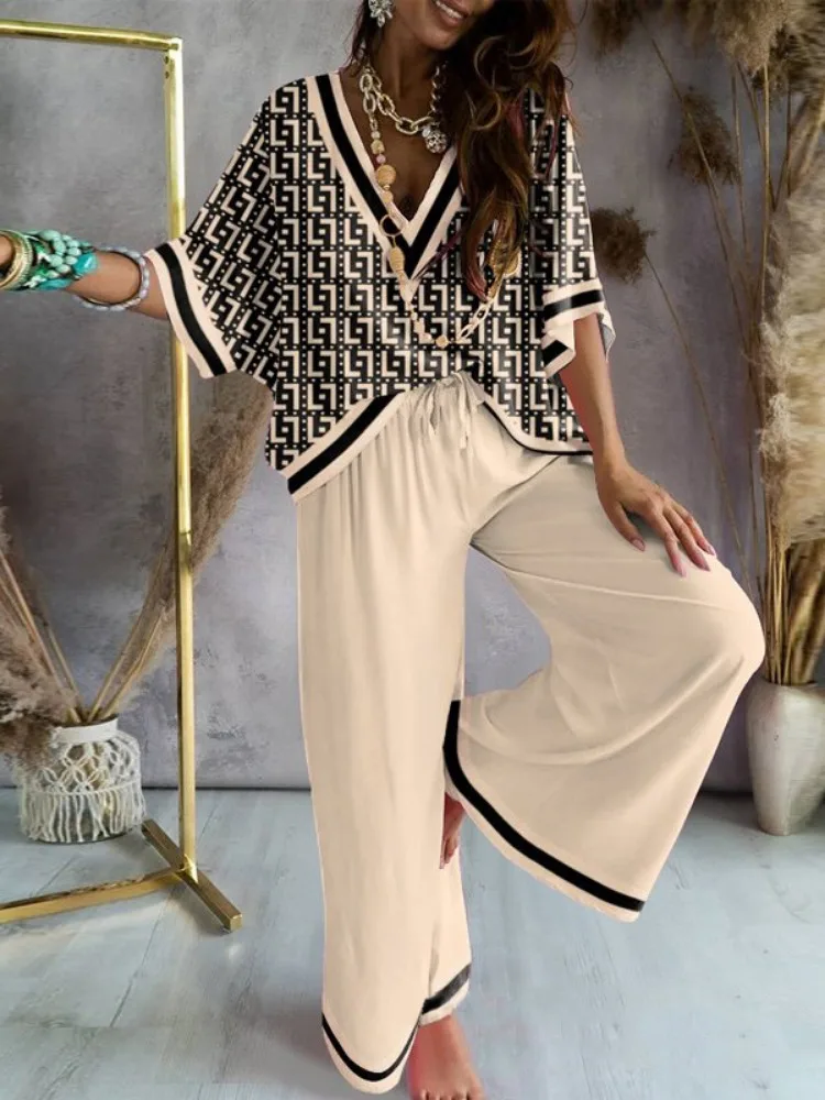 Missuoo Damen-Set: Locker sitzendes Oberteil mit geometrischem Print, V-Ausschnitt und Fledermausärmeln & Weite Hose – Sommer 2026 Lässiges 2-teiliges Outfit