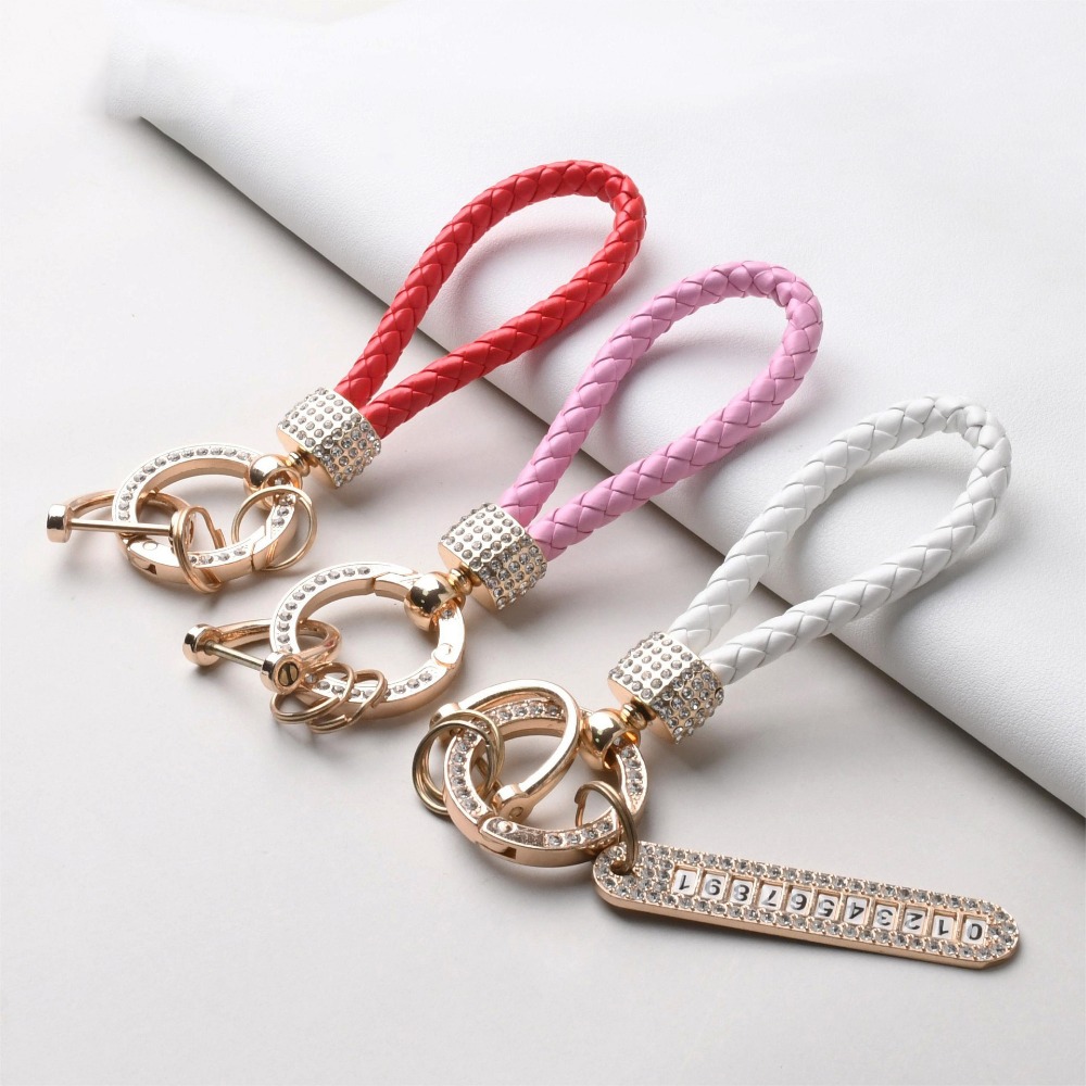 Handmade Anti-Lost PU Couro Chaveiro, Número de Telefone Tag Keychain, Chaveiro strass, 11 dígitos, Combinação Livre, Acessórios Presente