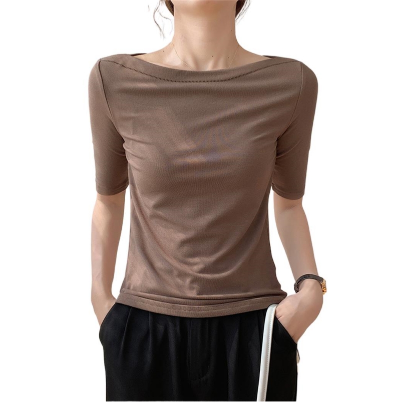 Jersey de punto de algodón para mujer, Top elegante de media manga con cuello oblicuo, ropa de calle coreana, blusas cómodas y acogedoras de fondo, Primavera