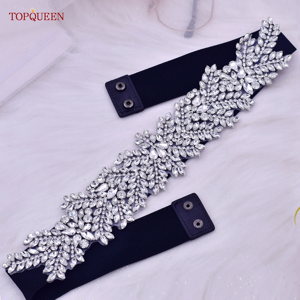 Topqueen S420-B feminino preto moda elástica cintos largos prata strass artesanal frisado faixa vestido acessórios de luxo brilhante