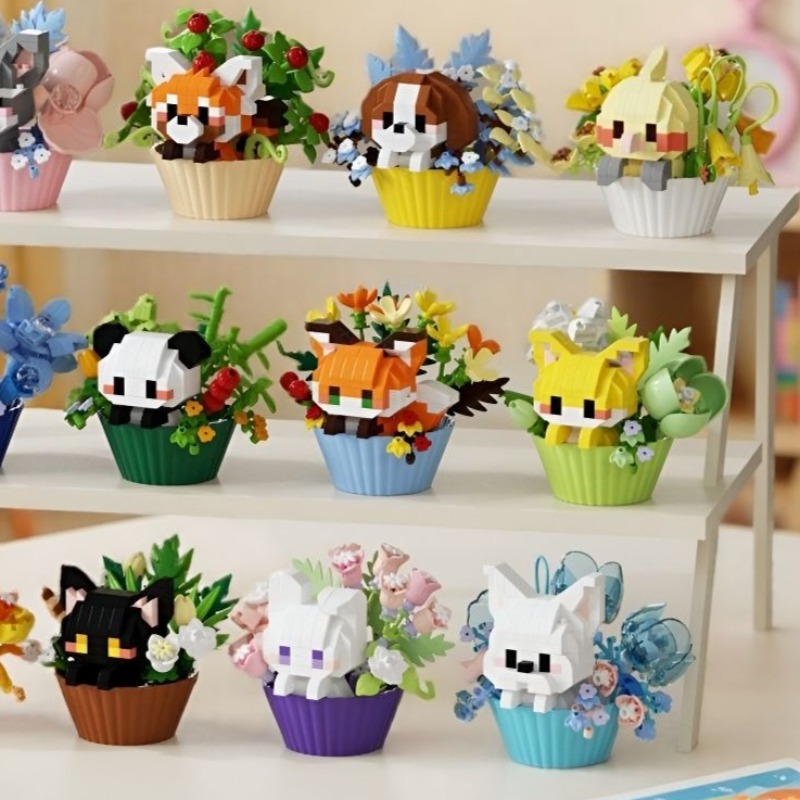 Mini Cartoon Building Blocks for Girls Children Cat Dog Animals Bricks Potted Plants Puzzle Assembly Decoration Holiday Gift