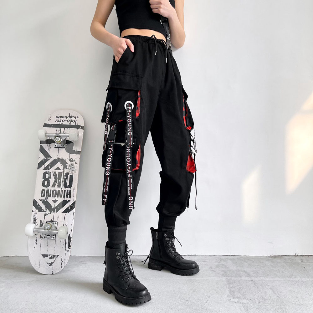 Calças de carga femininas 2023 harem calças moda punk bolsos jogger com corrente harajuku elásticos cintura alta streetwear