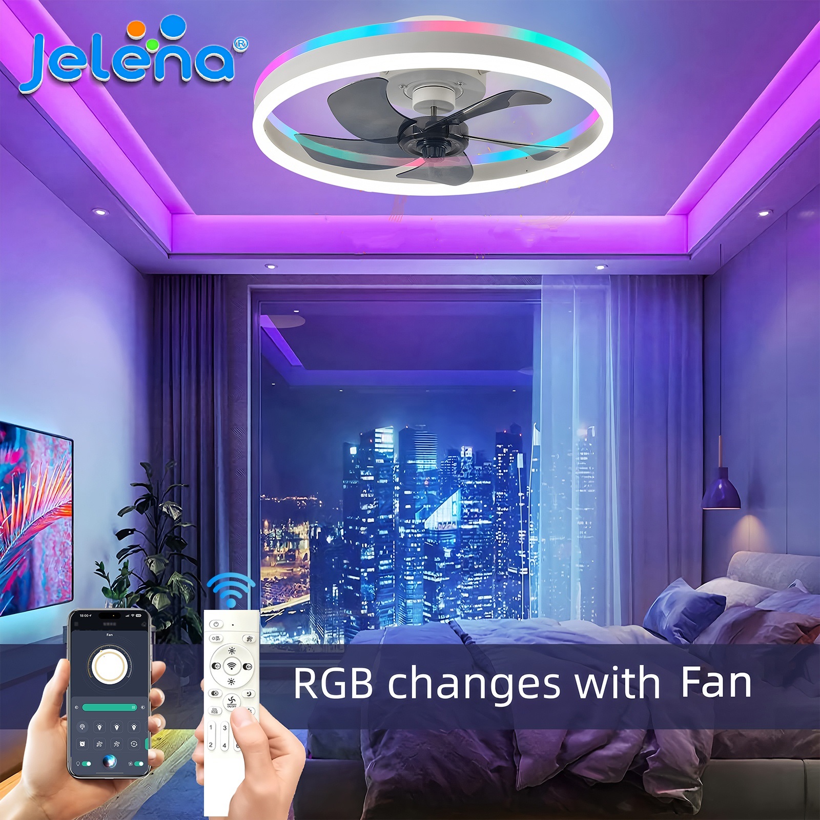 Ventilador de Teto Jelena RGB LED com Luz 50CM, Controle Remoto APP, Regulável, Moderno, para Quarto, Sala de Estar, Hotel, Atmosfera LED
