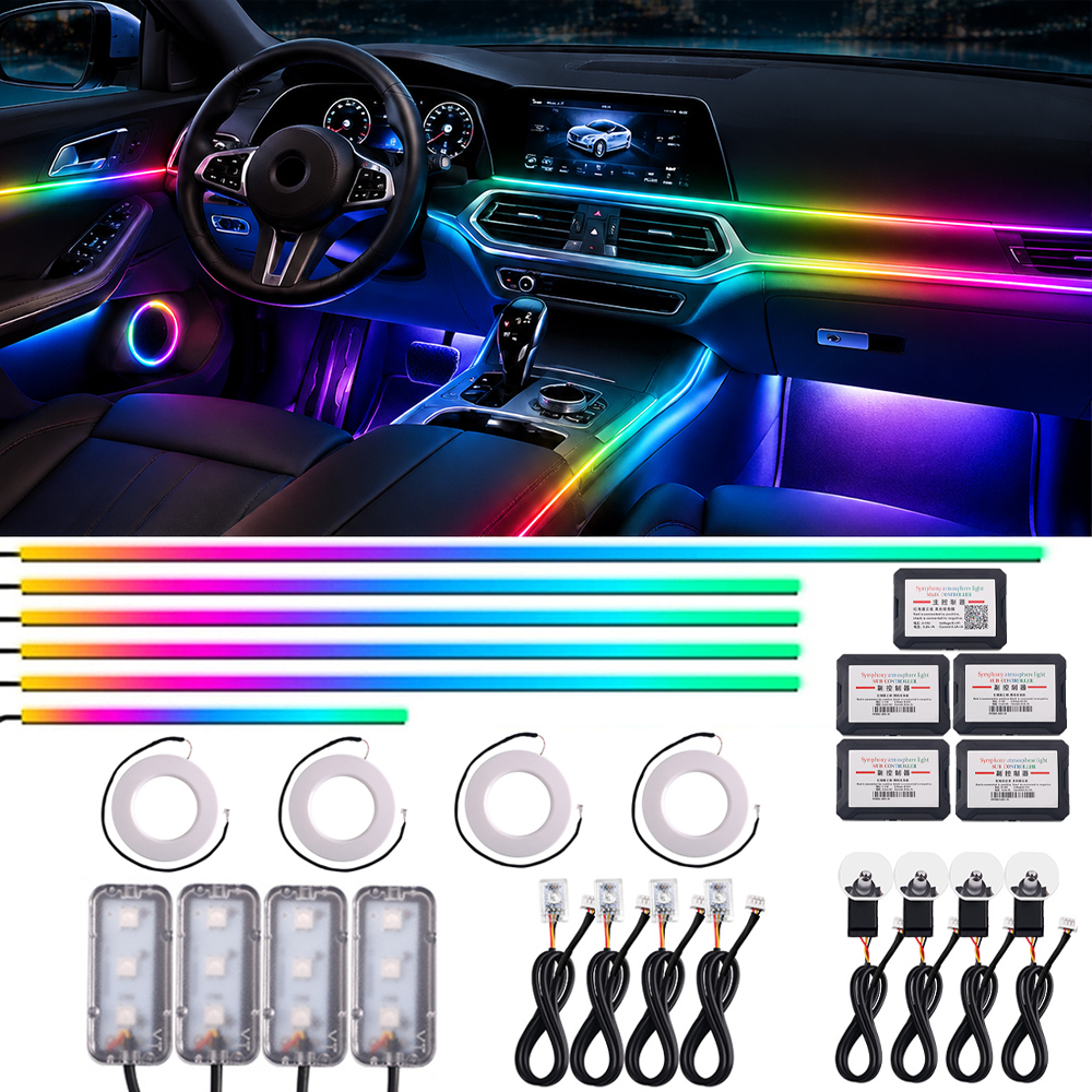 22-в-1 автомобильные светодиодные RGB-лампы для интерьера, 64 цвета, универсальные, скрытые акриловые полосы, атмосферная подсветка, управление через приложение, полная цветовая палитра