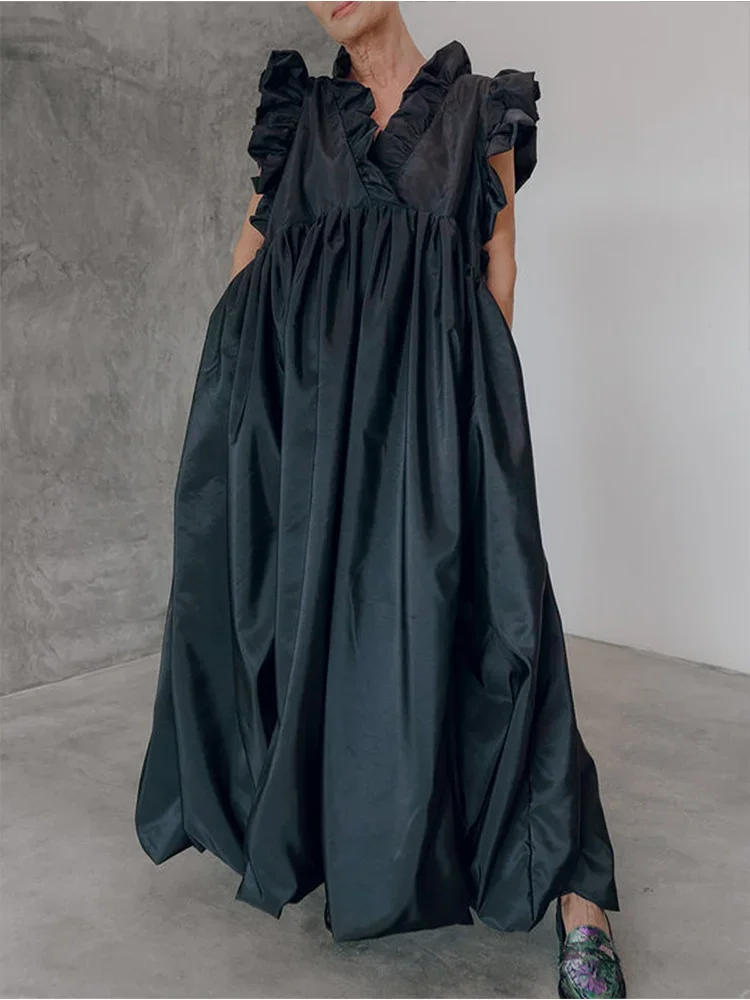 Abito elegante a pieghe da donna a trapezio con volant allentato senza maniche estivo casual moda vintage con scollo a V abito estivo per donna