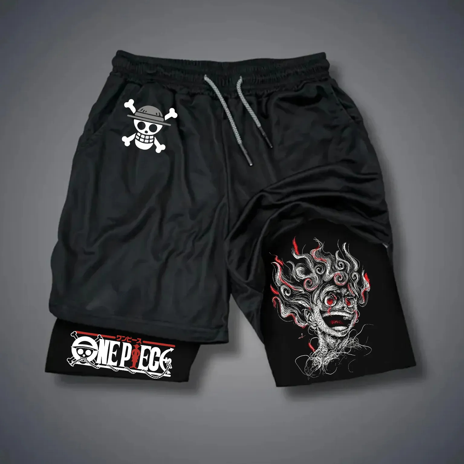 ONE PIECE Klassische Anime Luffy bedruckte Doppellagen-Shorts 2025 – Amerikanische Sommer-Herren-Sportshorts, locker sitzend und atmungsaktiv