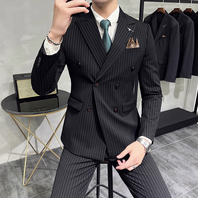 M-7XL สูทผู้ชายลายทางสไตล์คลาสสิก, ชุดเจ้าสาวสูทกระดุมสองแถวแนวธุรกิจลำลองแนวธุรกิจลำลองเสื้อเบลเซอร์ + กางเกง