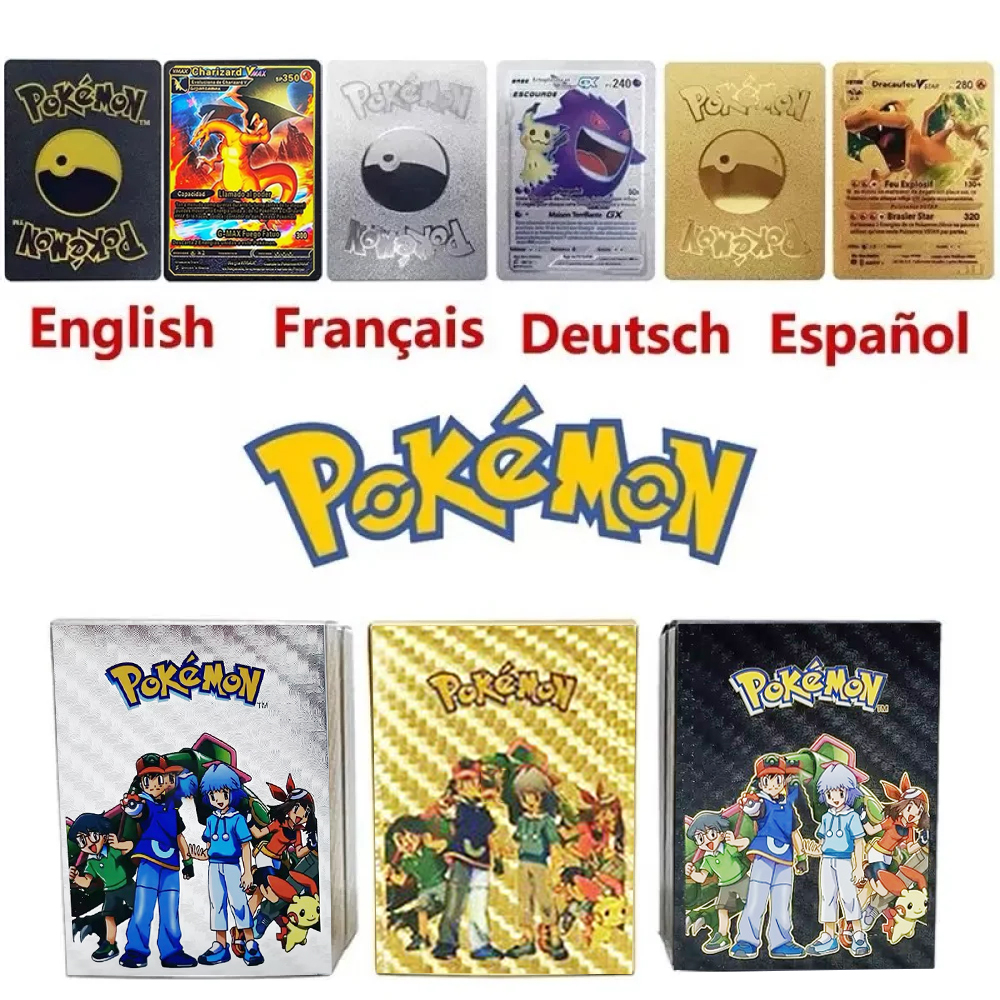 Коллекционные карты Pokemon (10-55 шт.) с золотым тиснением, золотыми буквами, на английском, испанском, французском, немецком языках, металлические игровые карты, серия Charizard Vmax Gx, подарок