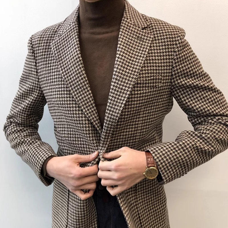 Męski garnitur w kratę pepitkę z tweedu w stylu retro na jesień i zimę, męska odzież wierzchnia plus size, brytyjski elegancki wełniany garnitur, modny.