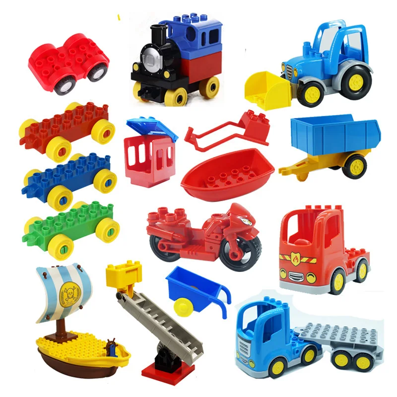 Bloques de construcción de partículas grandes, juguetes rompecabezas para montar, tren, autobús, barco, accesorios de transporte compatibles con ladrillos Lego Duplo