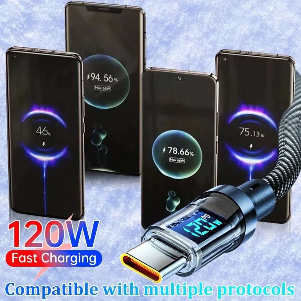 6a usb tipo c cabo pd carregamento rápido 120w led display digital cabo de dados de náilon para iphone xiaomi samsung usb c cabo de carga