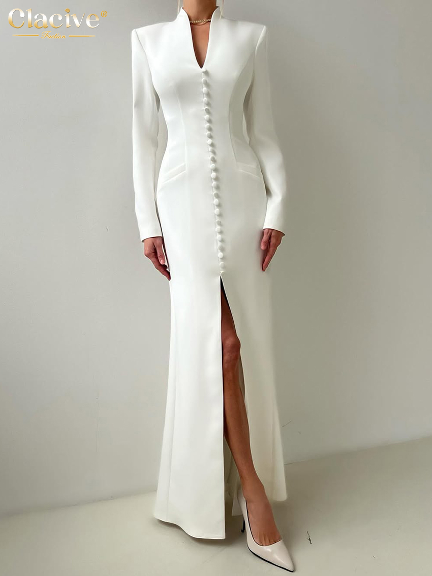 Clacive Sexy mince blanc robe pour femme 2025 mode col en v à manches longues cheville longueur robes élégant classique fente femme robe