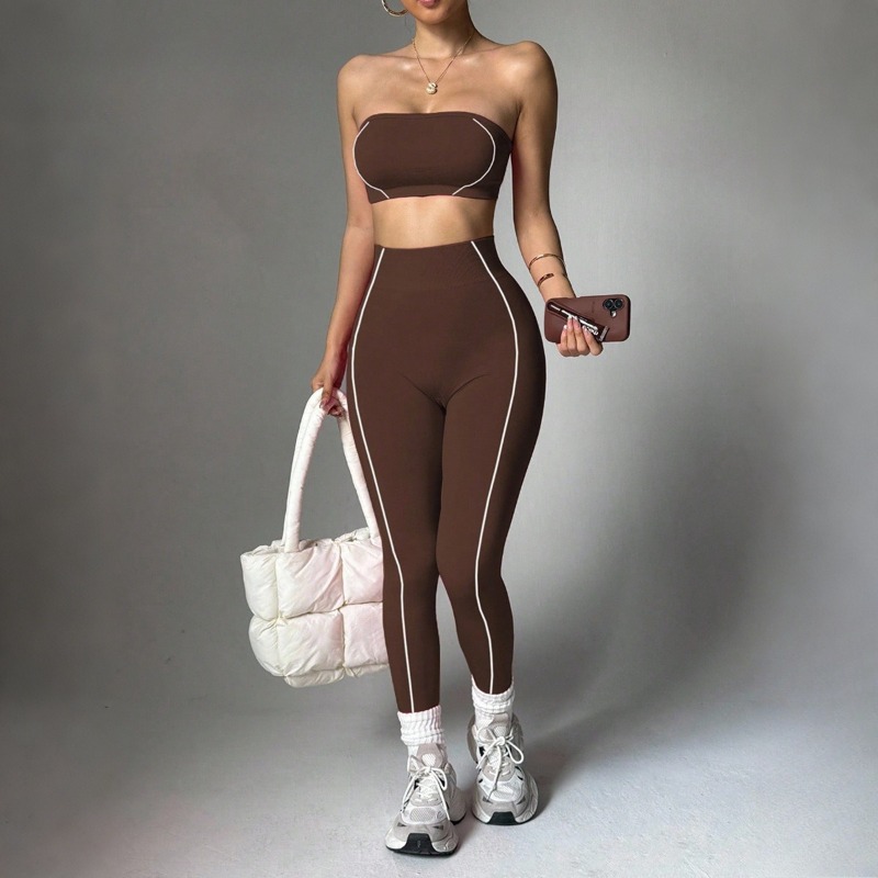 Ensemble de vêtements de sport pour femmes, soutien-gorge bandeau sans bretelles, leggings de yoga à taille haute sans couture, rembourrés, pour l'entraînement, la remise en forme, la salle de sport, 2 pièces