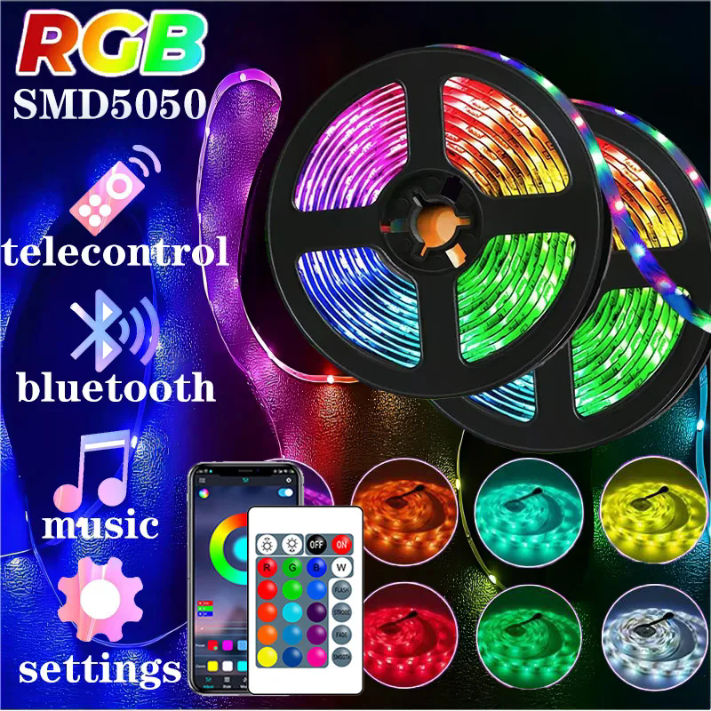 Tira de luces LED RGB 5050, aplicación Bluetooth, Control remoto por infrarrojos, cinta de lámpara Flexible, diodo para decoración de sala de fiesta y Festival