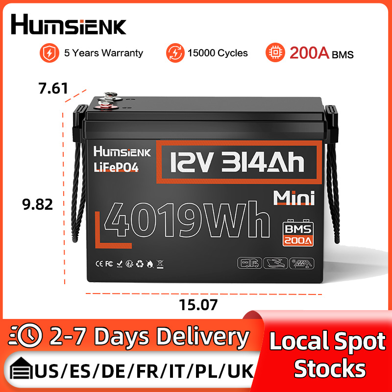 HumsiENK 12V 314Ah LiFePO4 Lithium-Batterie 200A BMS 15000 Zyklen für Off-Grid/RV/Camping/Marine/Energiespeicherung/2 Jahre Garantie/UL 1973
