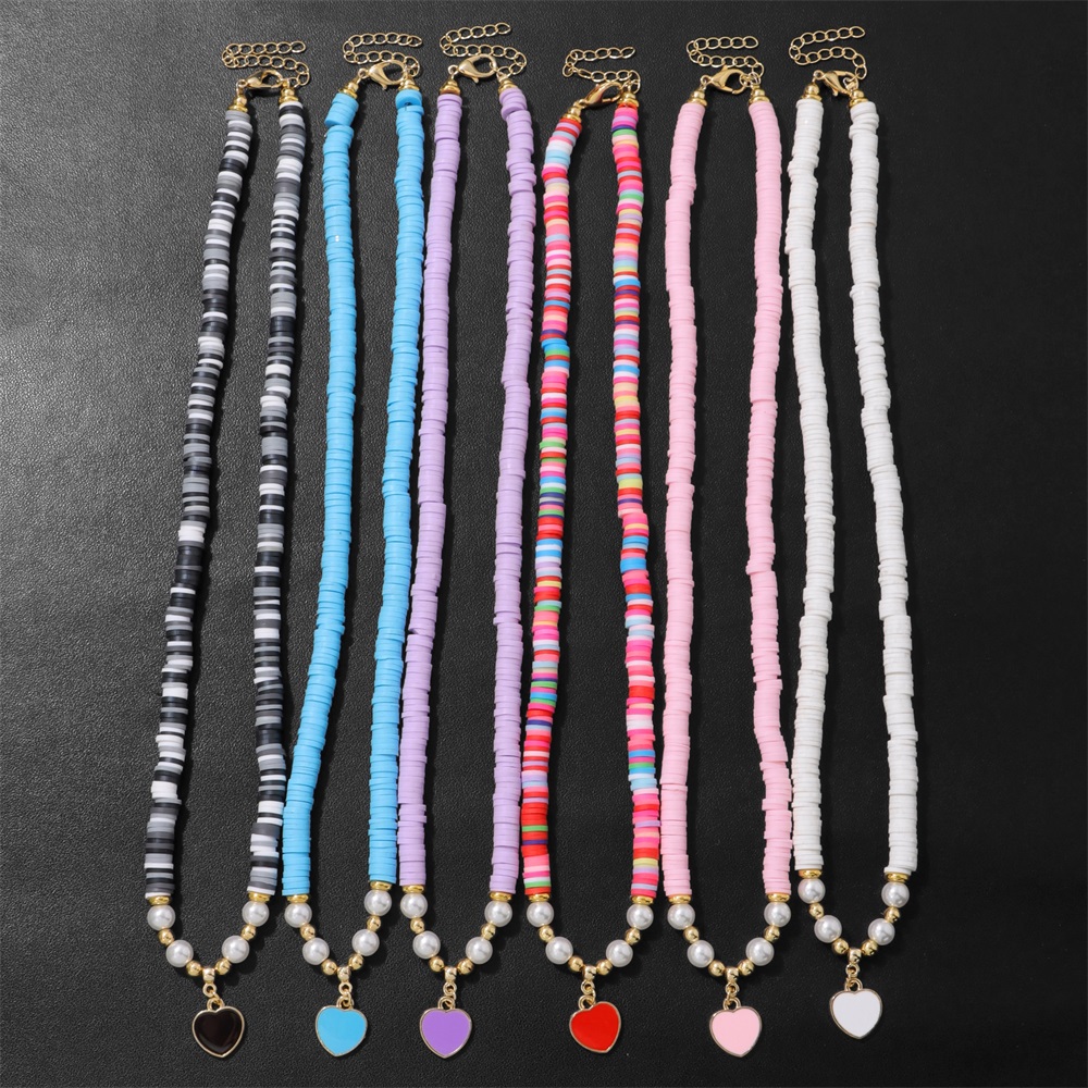 Kalung Manik Heishi Musim Panas Gaya Boho untuk Wanita, Choker Manik Cakram Tanah Liat Warna-warni dengan Liontin Hati Enamel, Perhiasan Pantai Bohemian