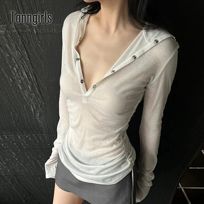 Tonngirls Y2k Vintage T Shirt Donna Vedere attraverso Felpa con cappuccio Crop Top Streetwear Skinny Tee Tops Anni 2000 Grunge giapponese Top Autunno