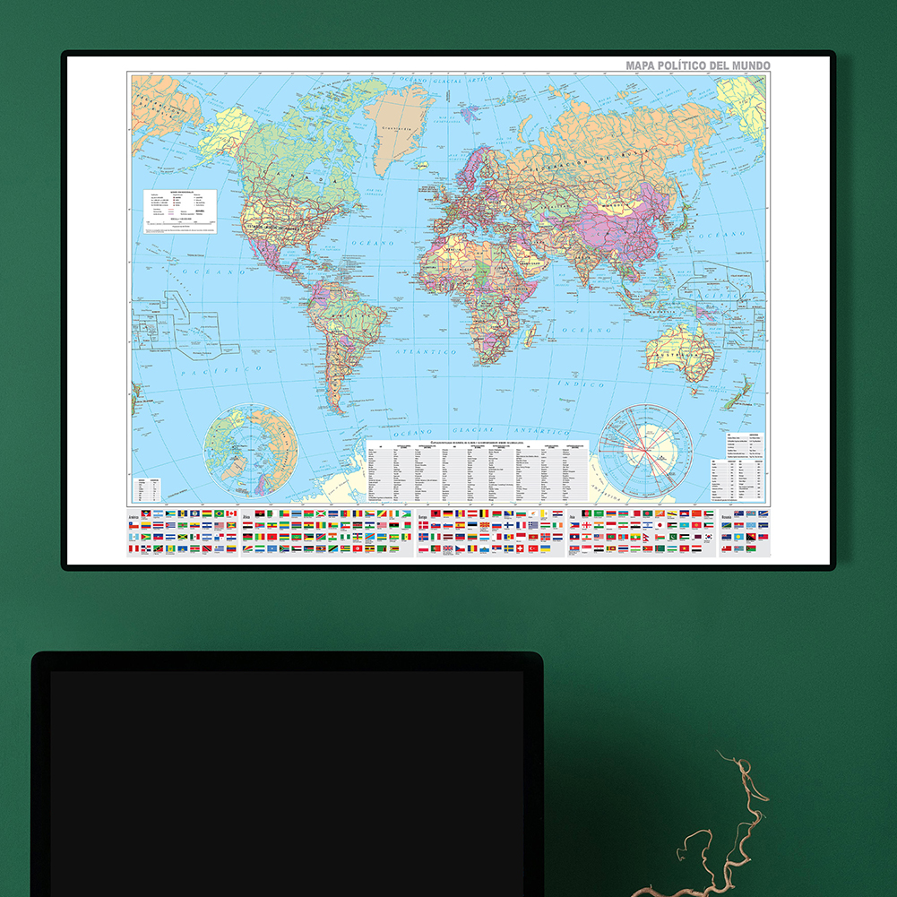 Spanish Version World Map - Detailed Political City Maps Large Poster Prints Wall Art Study Classroom Decor Travel Gift