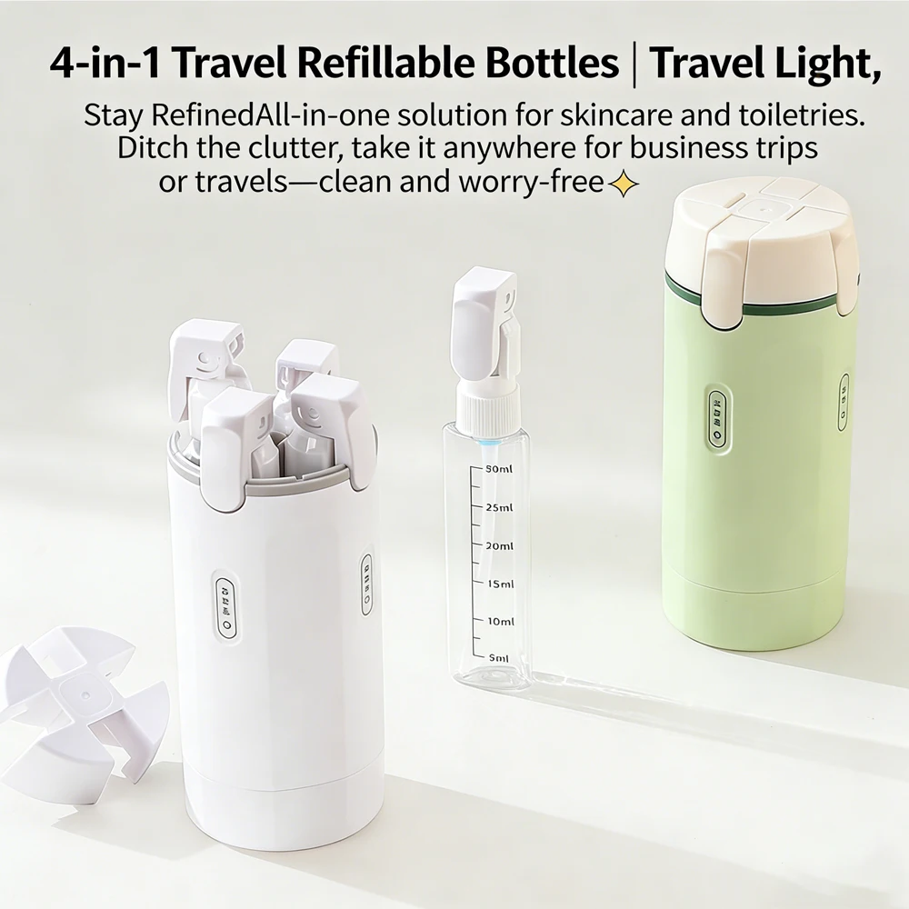 ขวดรีฟิลแบบพกพา 4-in-1 สำหรับเดินทาง  บรรจุภัณฑ์เครื่องสำอางและของใช้ในห้องน้ำสำหรับแชมพู ครีมอาบน้ำ และขวดเก็บของสำหรับเดินทาง