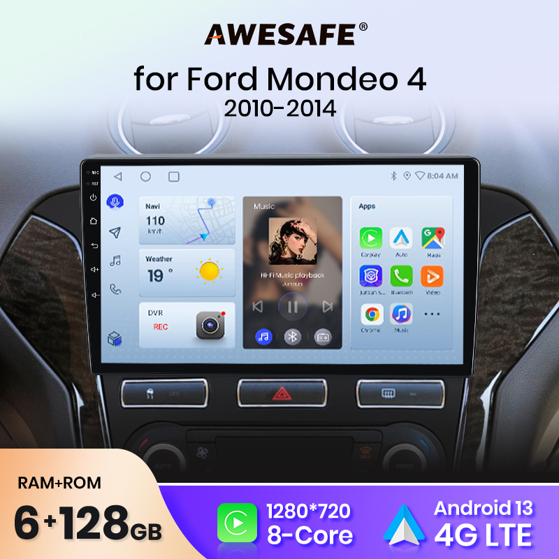AWESAFE Bezprzewodowe Radio Samochodowe CarPlay Android Auto do Forda Mondeo 4 2010 2011 2012 2013 2014 GPS Navi SWC FM BT Plug and Play DSP Stereo