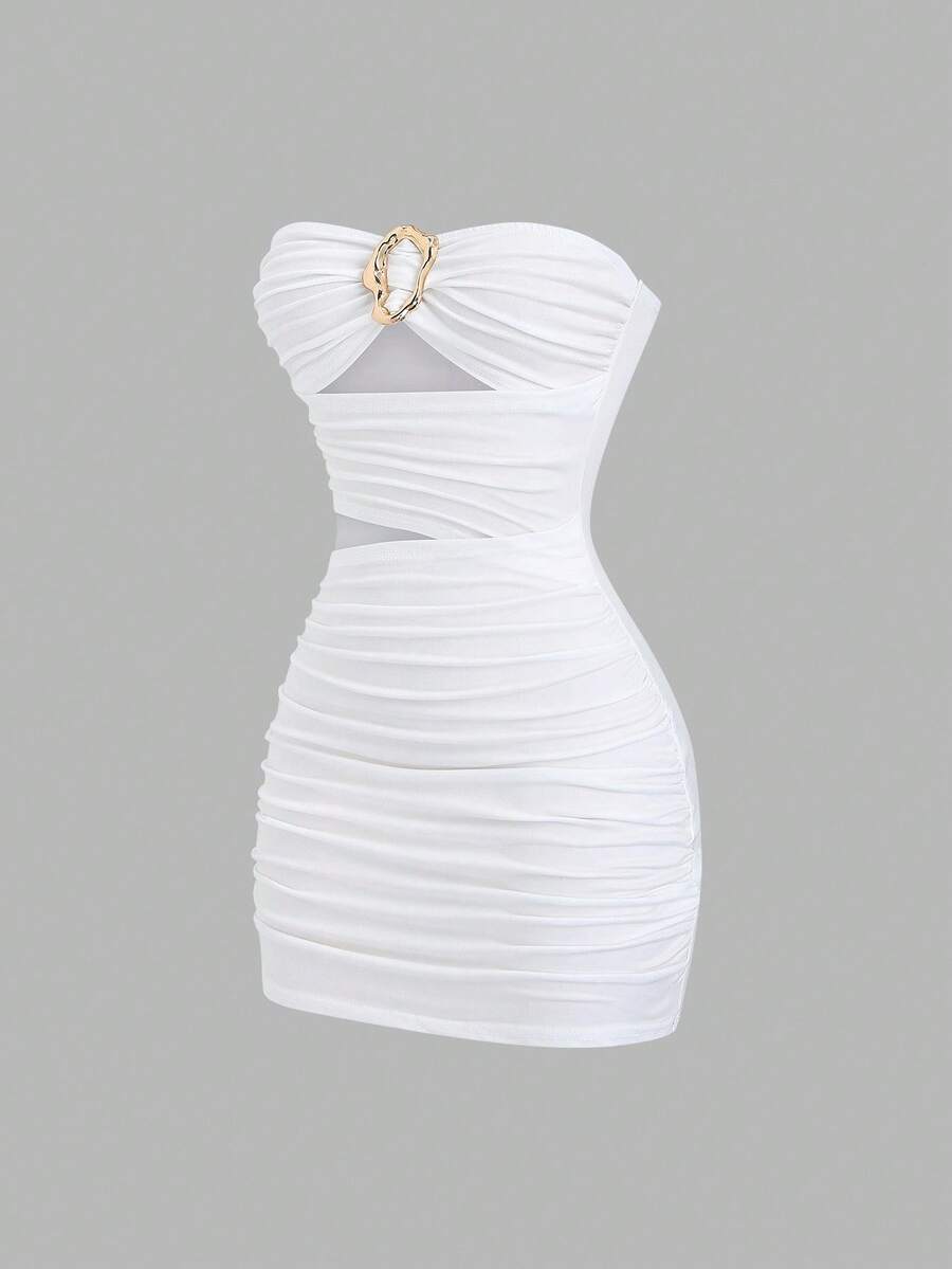 Women's Sexy Slim-Fit Strapless Bustier Mini Dress with Metal Buckle