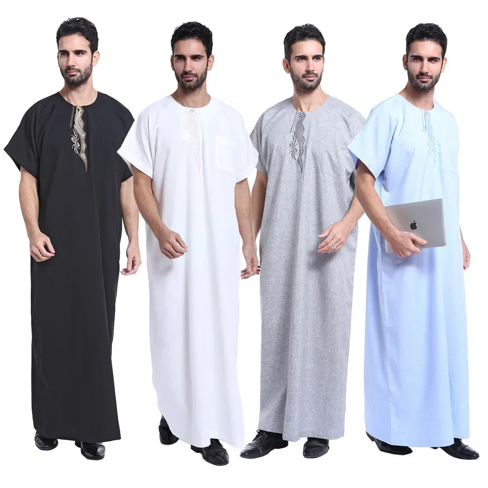 Islam masculino manga curta roupões vestido o pescoço muçulmano árabe turquia jubbe thobe árabe saudita tradicional kaftan abaya dubai eid ramadan