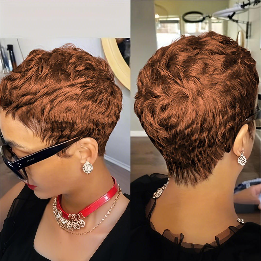Wig Rambut Asli Pixie Cut Pendek 6 Inci untuk Wanita, Buatan Mesin dengan Poni yang Sudah Diatur, Bebas Kusut, Garis Rambut Alami