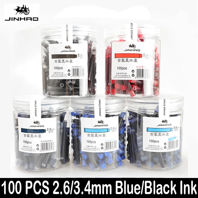 100 pièces JINHAO 2.6mm/3.4mm universel noir/bleu stylo plume Sac d'encre cartouches recharges papeterie fournitures de bureau scolaire