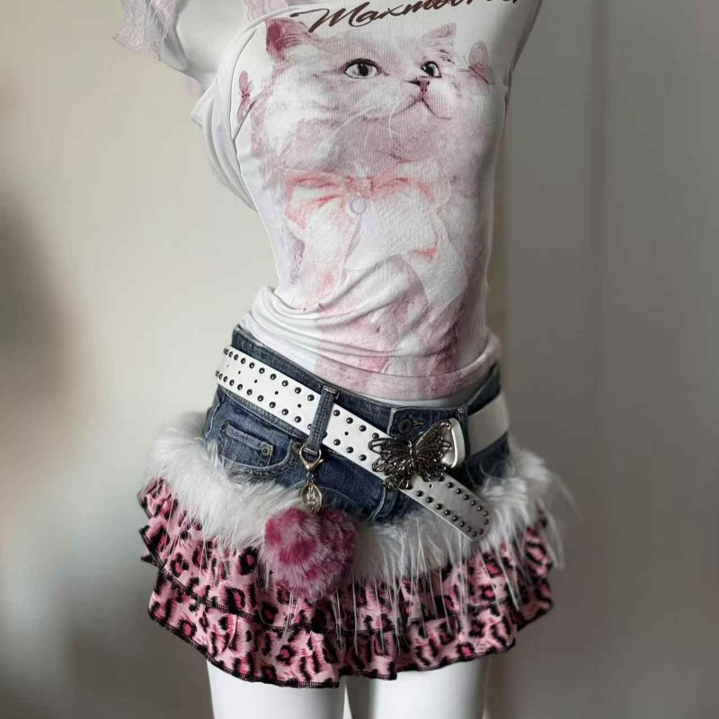 Y2k  Leopard Mini Skirt Patchwork Denim American Vintage 2000s Sexy Subculture Harajuku Streetwear Style Random Denim Summer