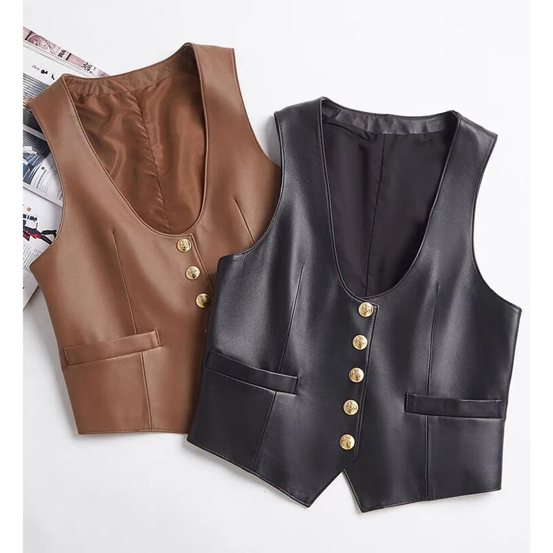 Chaleco de cuero genuino con cuello en V para Mujer, gabardina occidental, Tops con una botonadura, informal, fácil de combinar, otoño